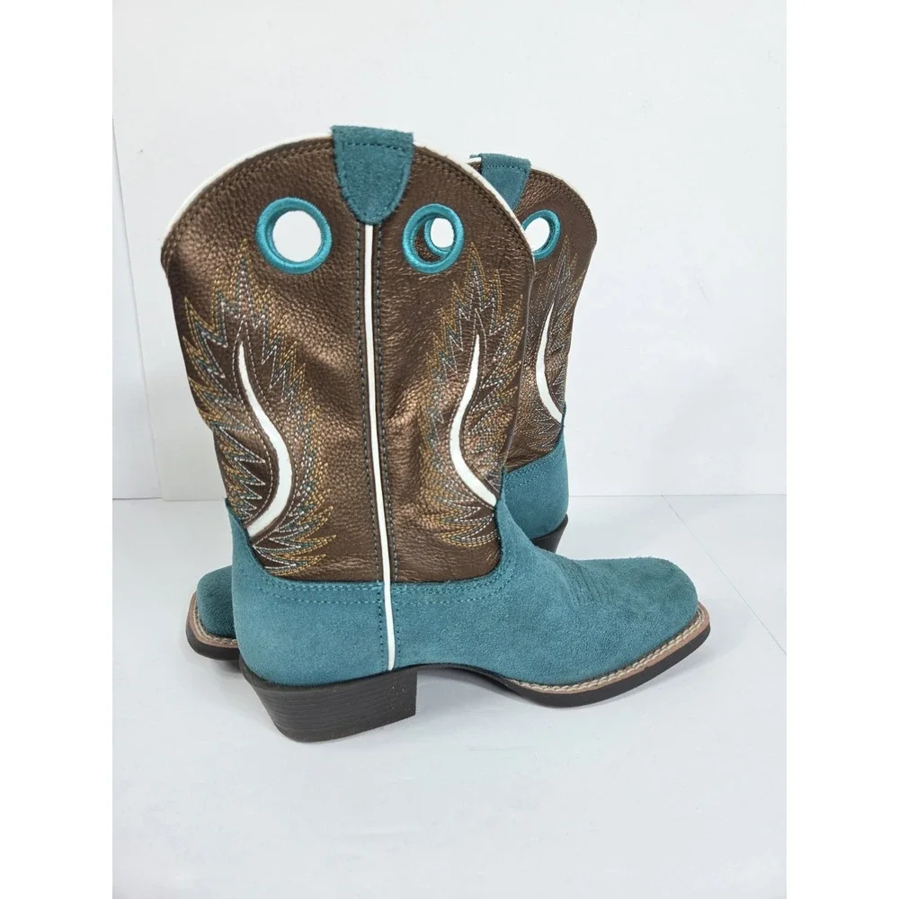 Ariat Kids Fort Worth Boot Sz 2 Y Blue Suede Leather Cowboy Western Girls